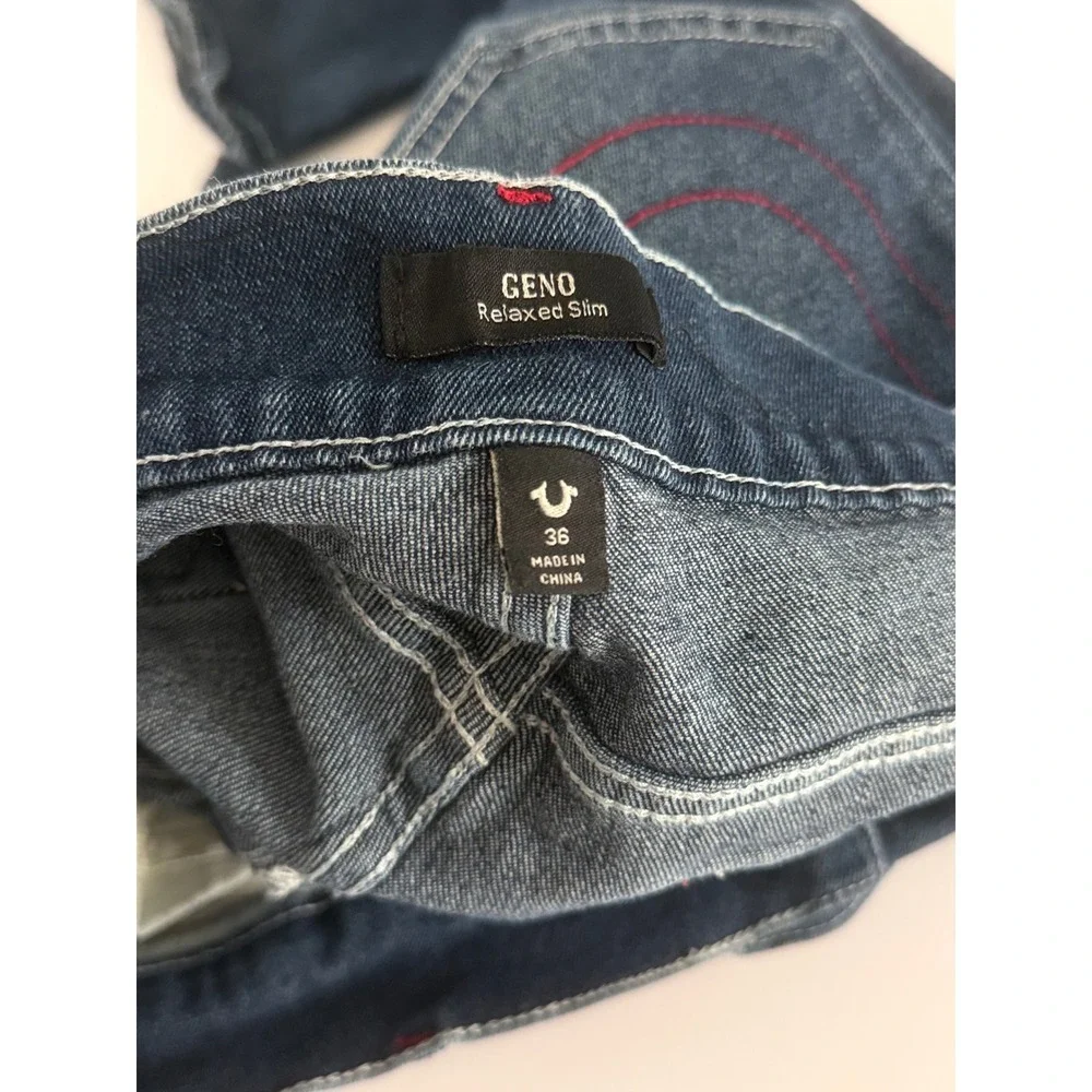 True Religion Geno Relaxed Slim Jeans Men 36 Dark Wash Red Horseshoe Flap Pocket
